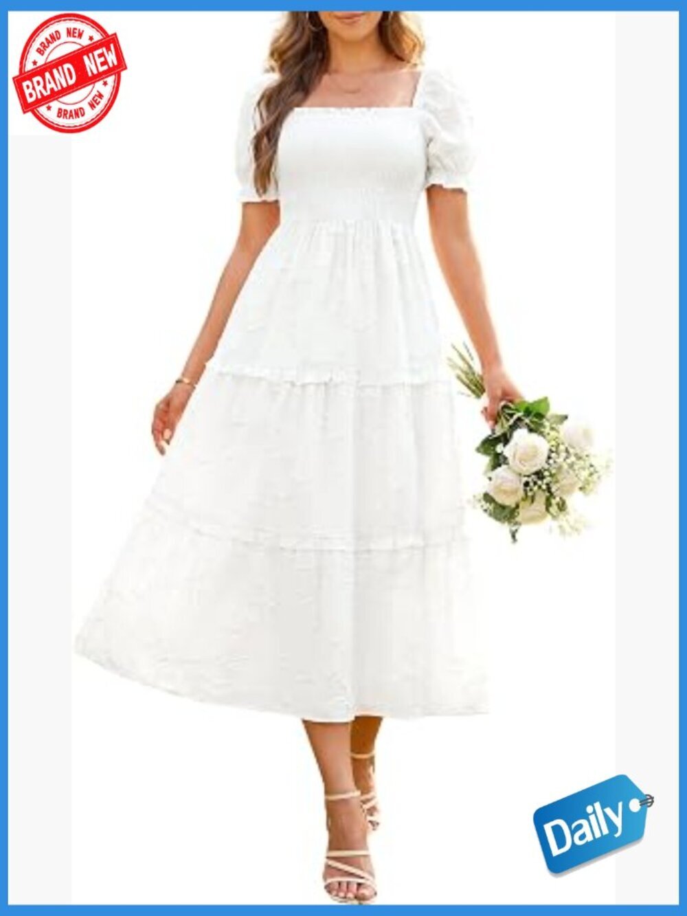 Smocked Puff Sleeve Square Neck Floral Midi Dress Tiered Flowy